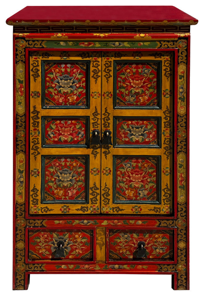 Tibetan Orange Yellow Jewel Floral Tall End Table Nightstand Cabinet Hcs7625