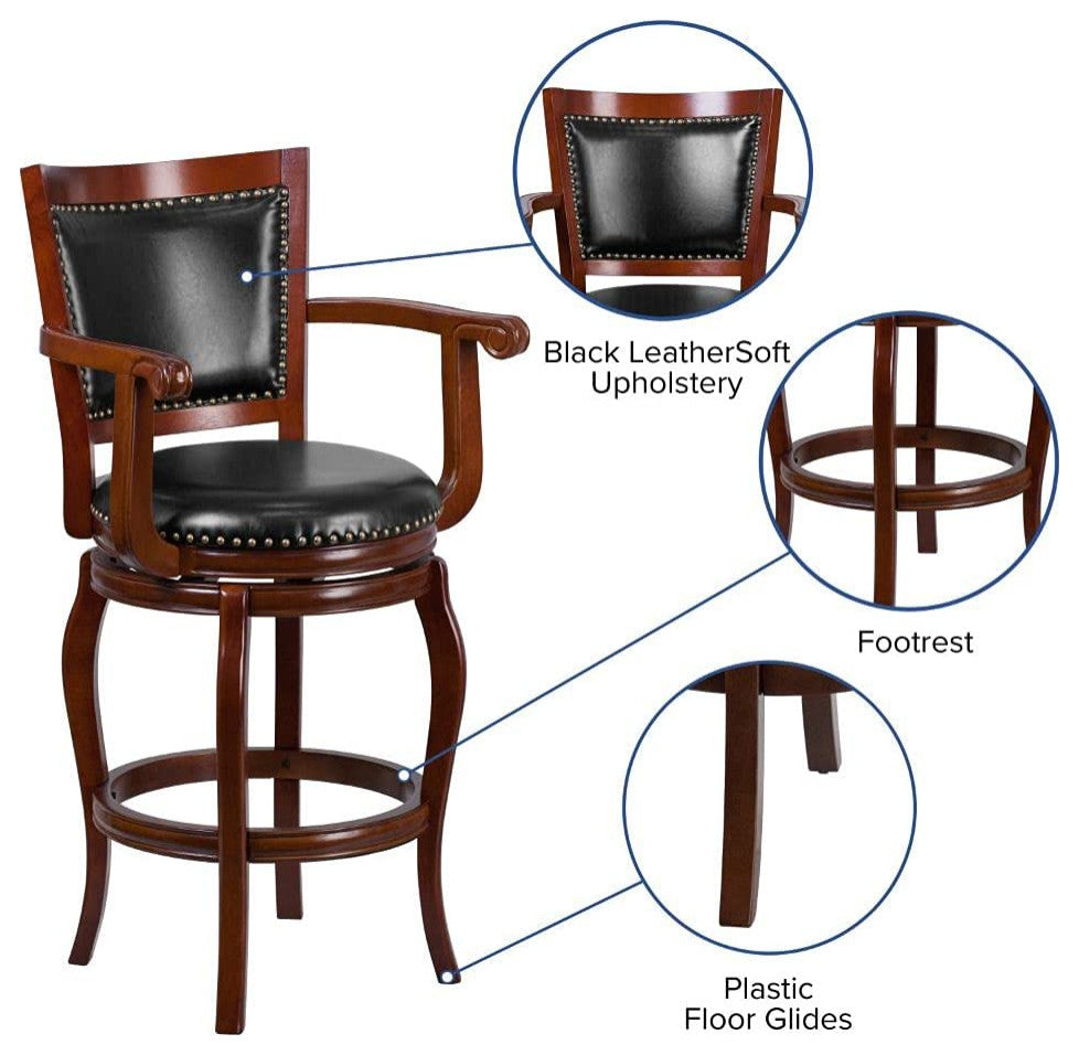 Contemporary Bar Stool, Cherry Finished Frame & Swivel Black LeatherSoft Seat