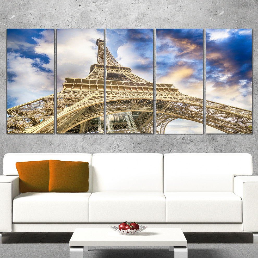 "Dramatic Sky Over Ground View Paris Eiffel Tower" Wall Art, 60"x28", 5-Panels