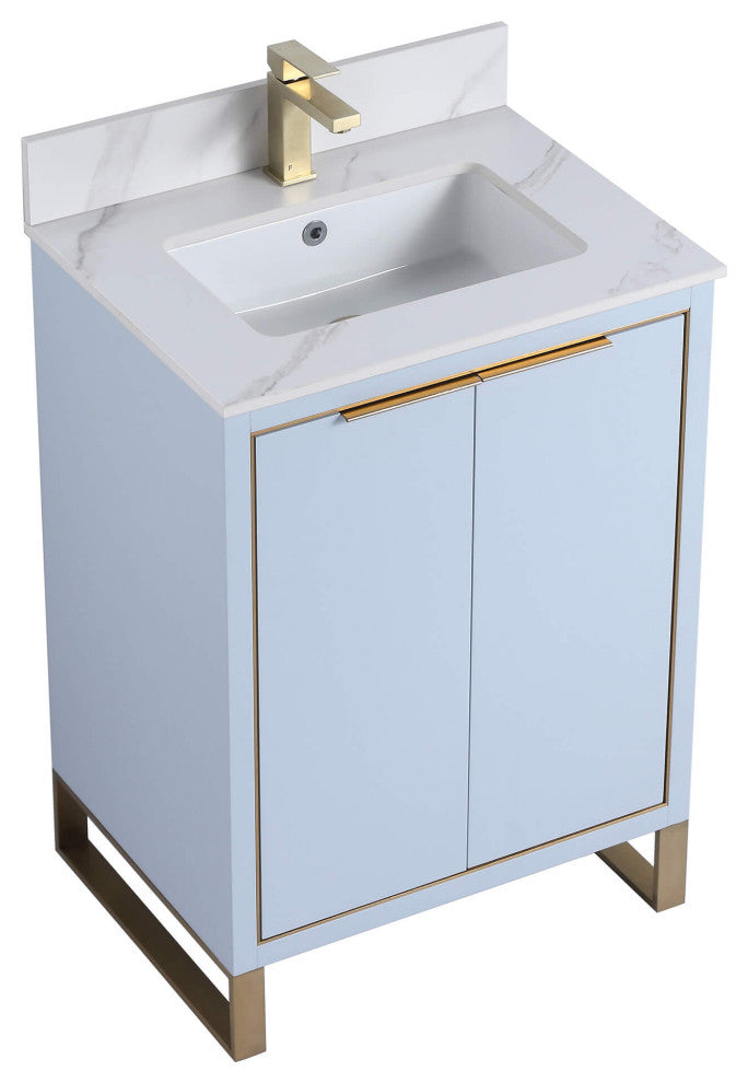 Opulence Bath Vanity, Pastel Blue, 24", Satin Brass Hardware, White Carrara Top
