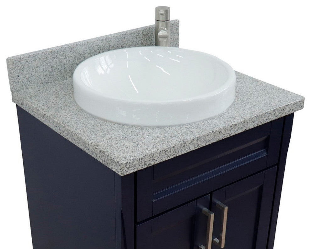 25" Single Sink Vanity, Blue Finish With Gray Granite And Round Sink
