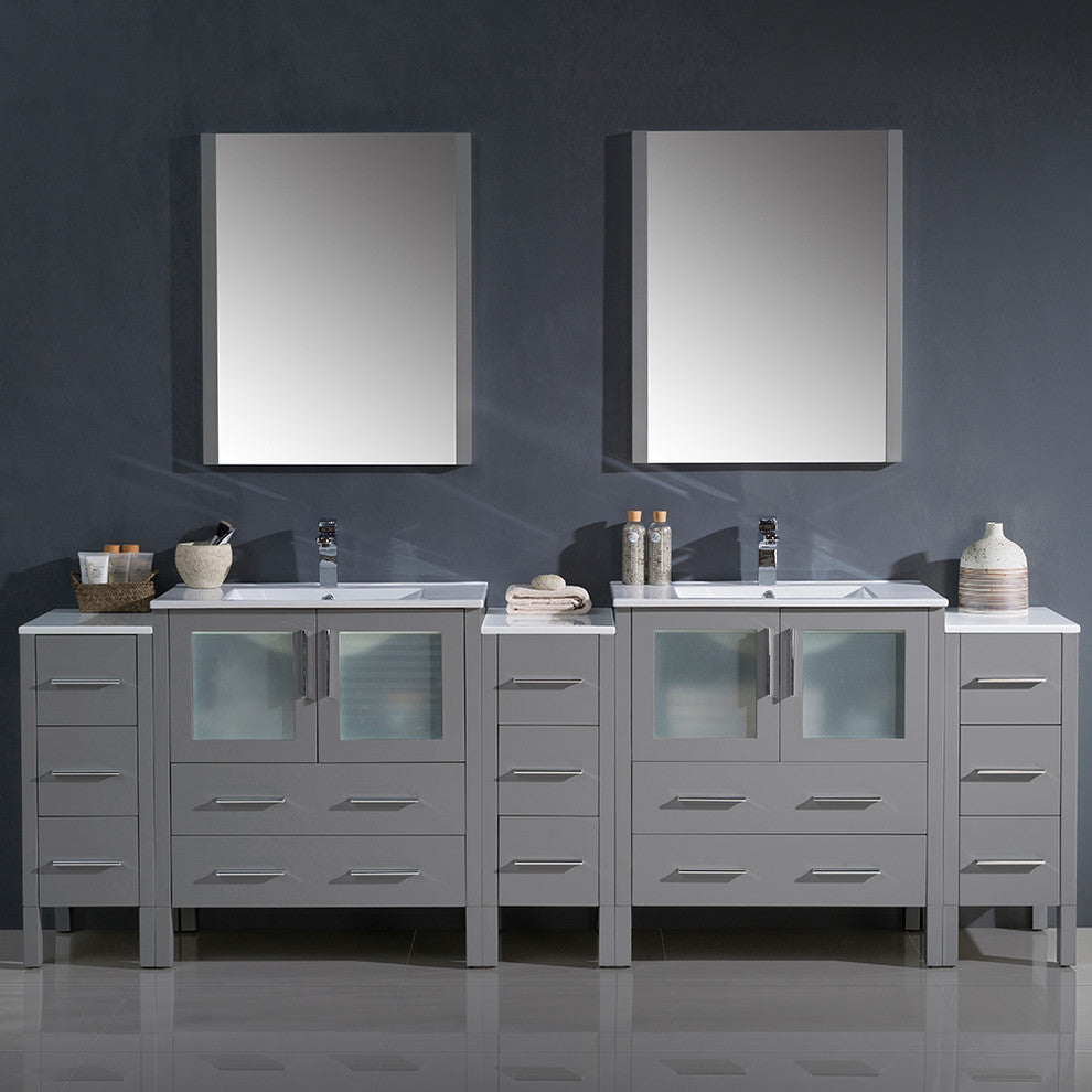 96" Gray Double Sink Bathroom Vanity With 3 Side Cabinets, Faucet, FFT9151BN