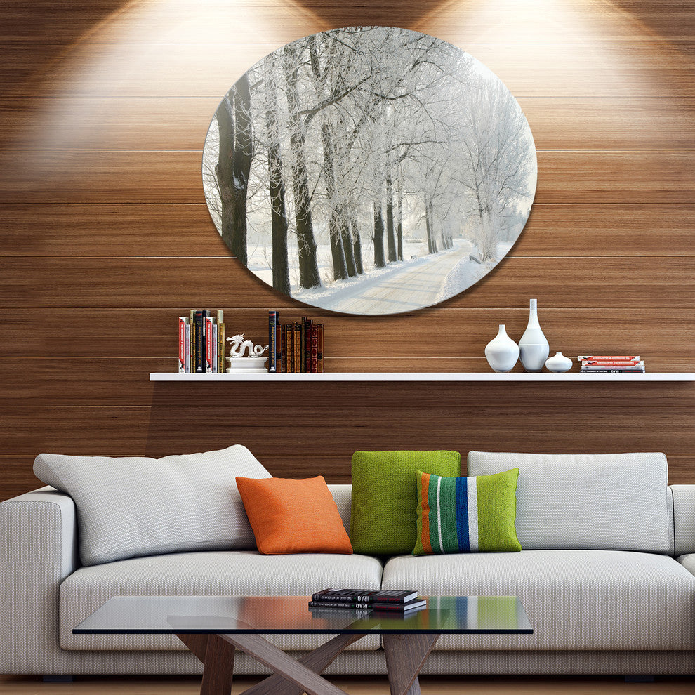 Winter Rural Road At Sunrise, Forest Disc Metal Wall Art, 11"