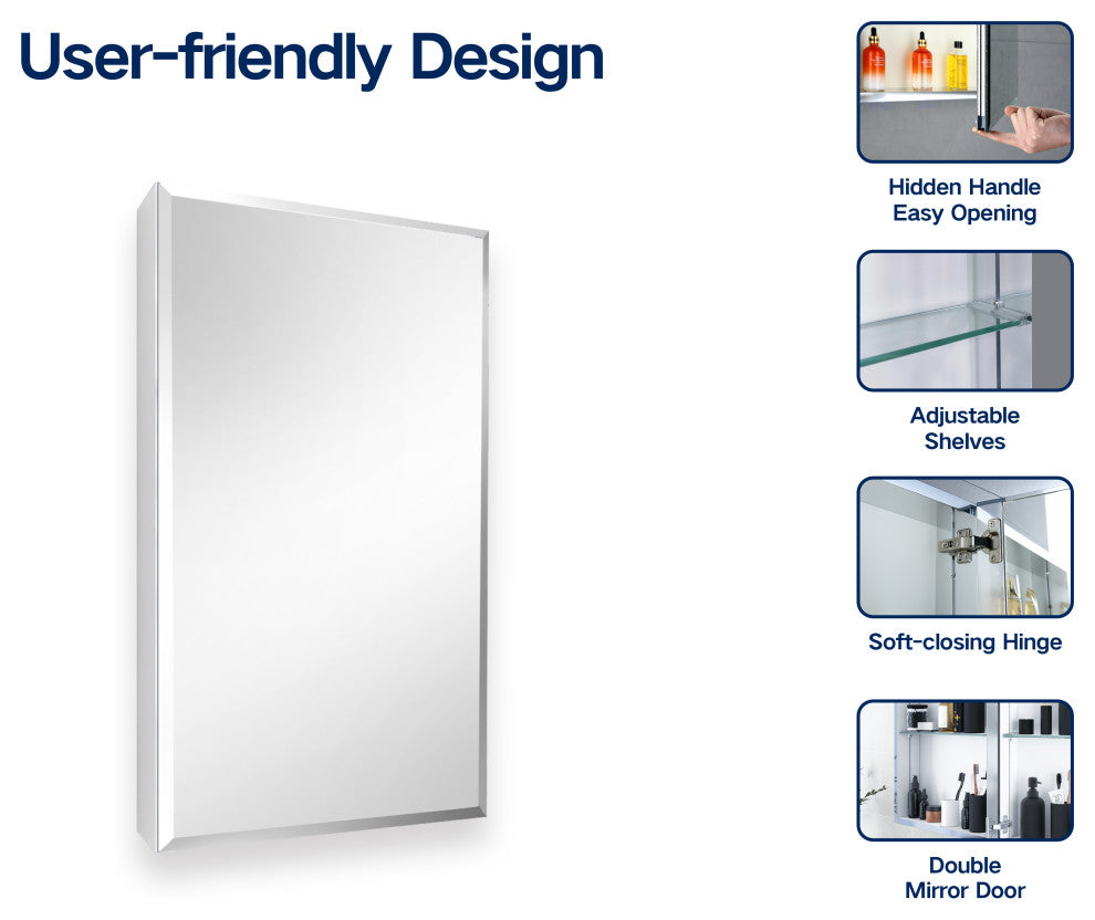 Aurora Recessed or Surface Mount Frameless Aluminum Medicine Cabinet,15x26Inch