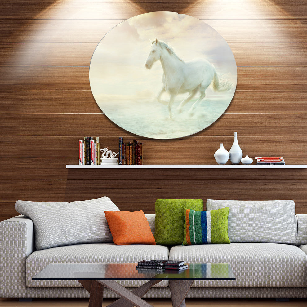 Fantasy White Horse, Modern Animal Disc Metal Wall Art, 36"