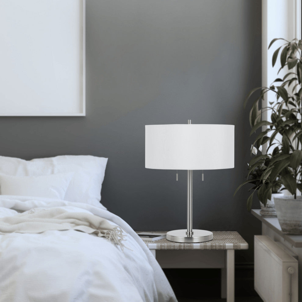 24" Nickel Metal Two Light Table Lamp With White Empire Shade