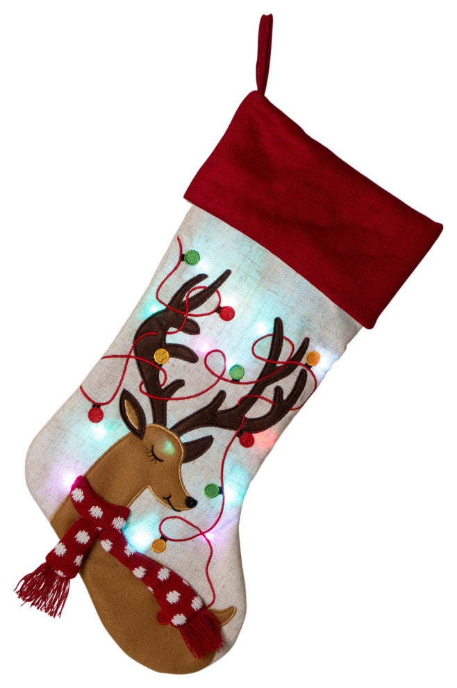 Set of 3 LED Embroidered Linen Christmas Decoration, Stocking and Tree Skirt