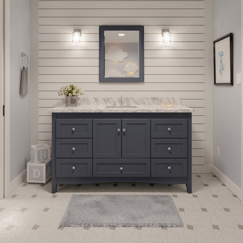 Abbey 60" Bath Vanity, Base: Marine Gray, Top: Carrara Marble, Single Vanity