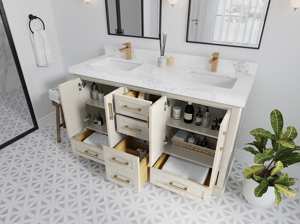 Boston 60" Double Bathroom Vanity in Alabaster 1.5" Empira Quartz