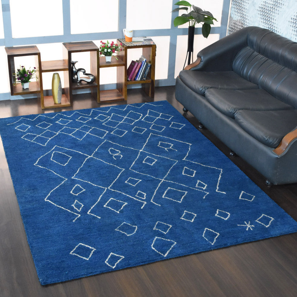 HAND KNOTTED LOOM SILK AREA RUGS-9'x12',Rectangle,Blue White,Contemporary
