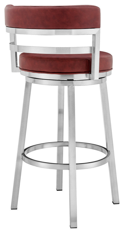 Benzara BM236762 30" Leatherette Counter Height Barstool, Silver and Red