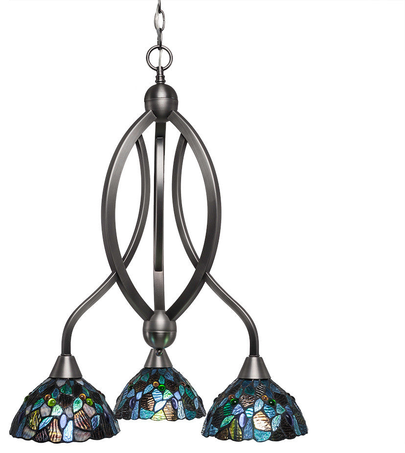 Bow 3 Light Chandelier Brushed Nickel Finish, 7" Blue Mosaic Art Glass