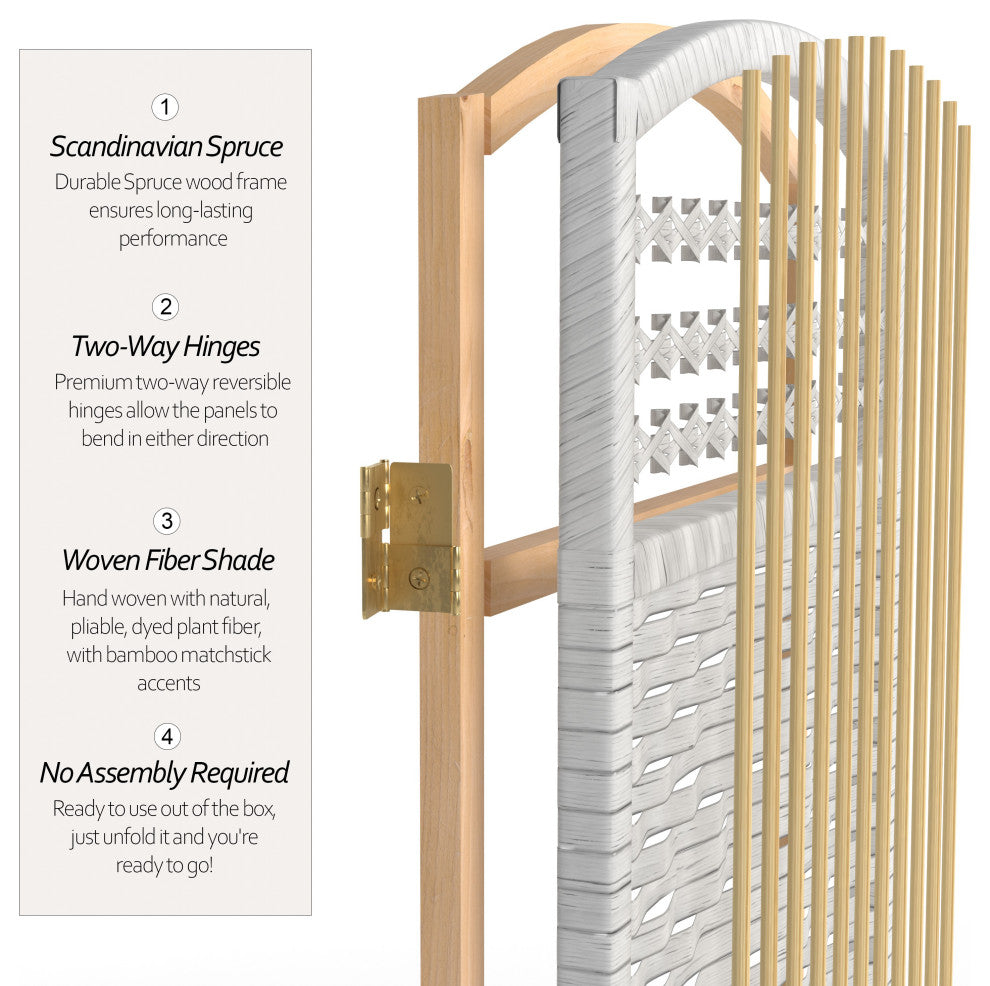 4' Tall Fiber Weave Room Divider, White, 3 Panels