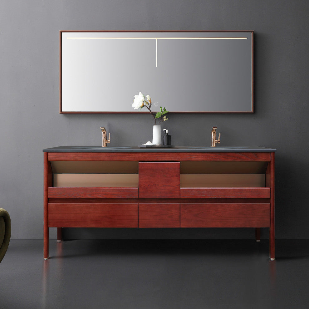Freestanding Bath Vanity Set with Engineered Stone Top with Mirror, 72''