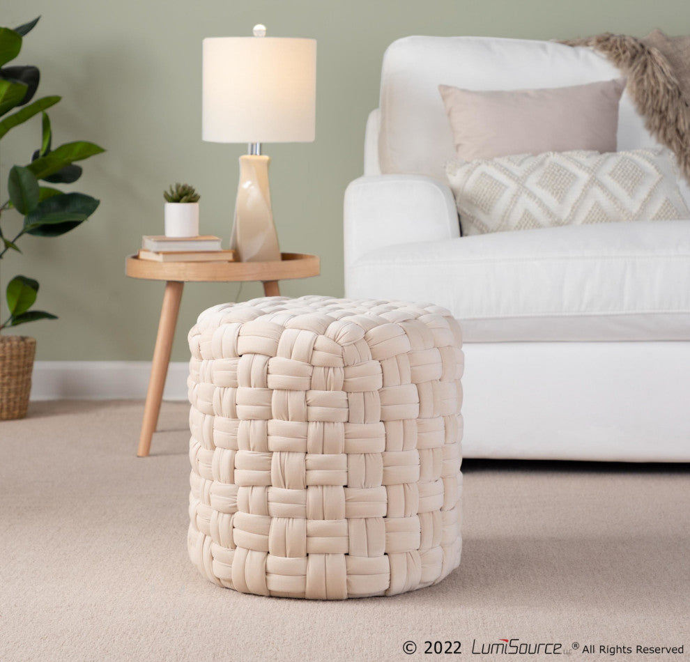 Braided Round Ottoman, Cream Velvet, 16"