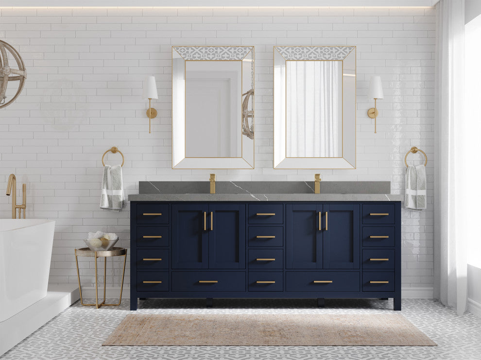 Malibu 84 Double Sink Bath Vanity in Navy Blue 2" Piatra Gray