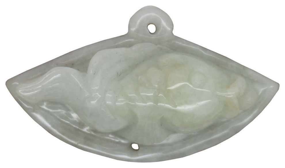 Detail Chinese Hand Carved Natural Jade Fish On Fan Lucky Feng Shui Pendant