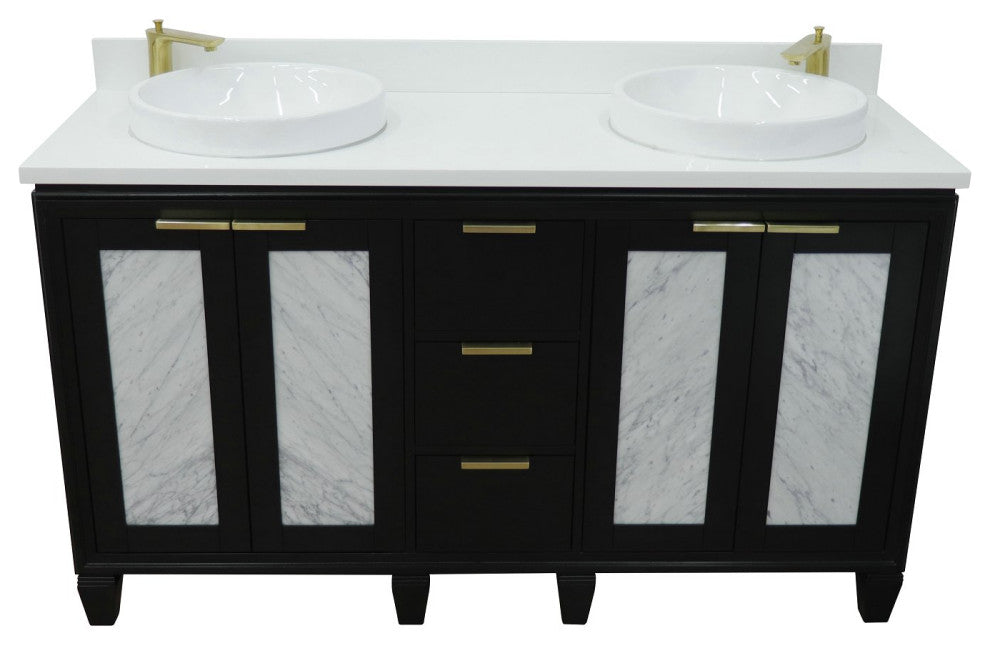 61" Double Sink Vanity, Black Finish With Engineered Stone Top And Round Sink
