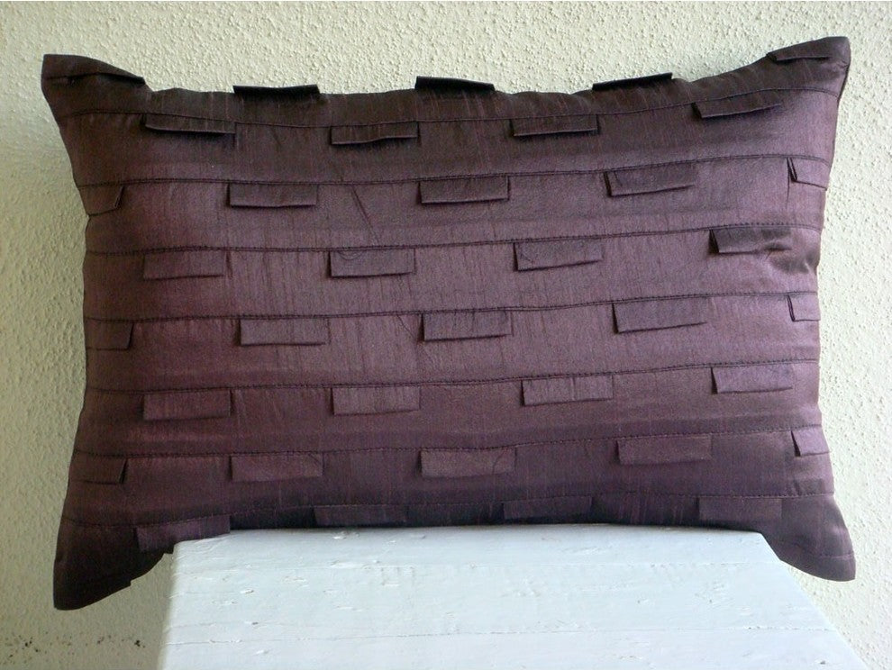 Purple Art Silk 12"x18" Solid Color Pintucks Pillows Cover, Plum Stripe