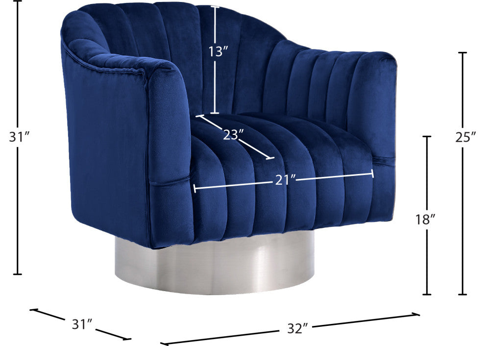 Farrah Velvet Upholstered Accent Chair, Navy, Chrome Swivel Base