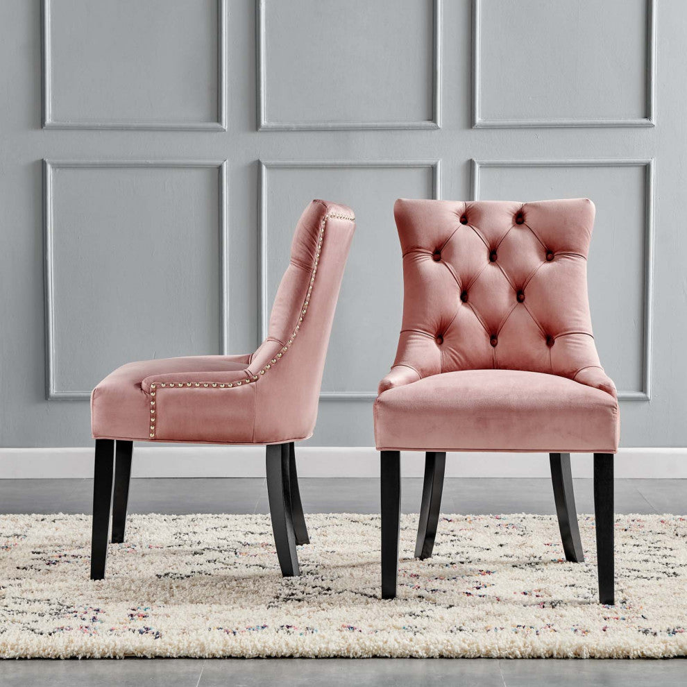 Tufted Side Dining Chair, Set of 2, Velvet, Wood, Pink, Cafe Bistro Restaurant