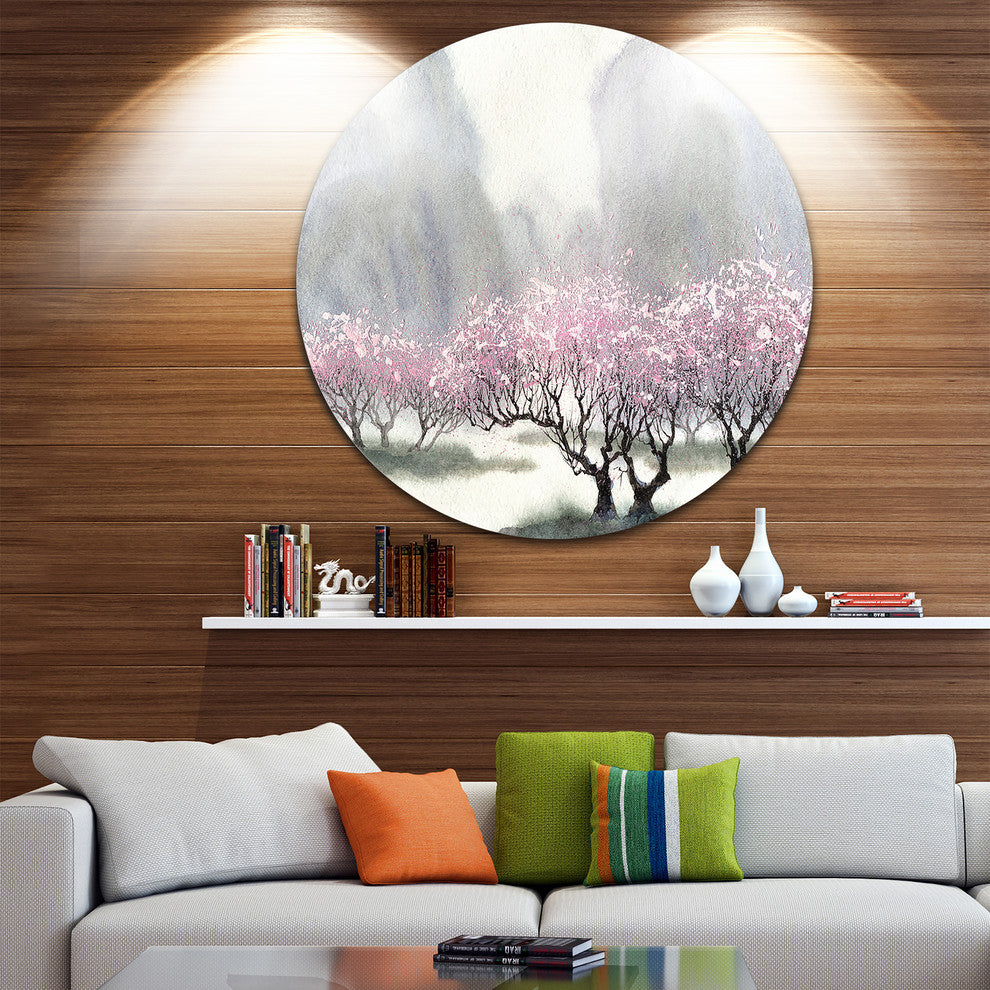 Flowering Trees At Spring, Landscape Large Disc Metal Wall Art, 36"