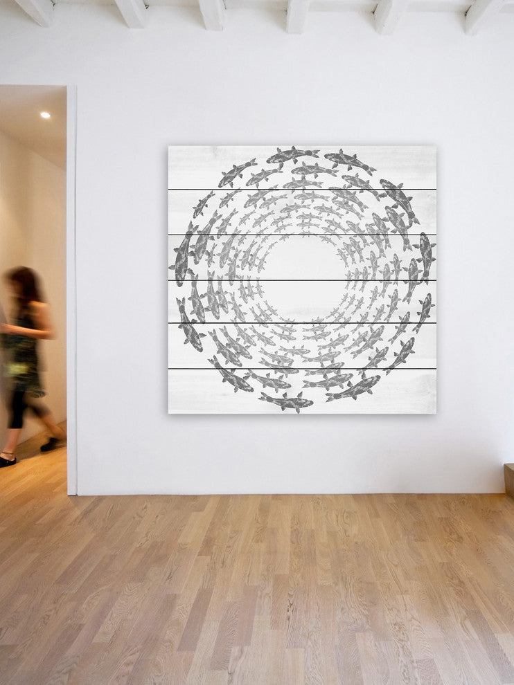 "Fish Circle" Painting Print on White Wood, 40"x40"