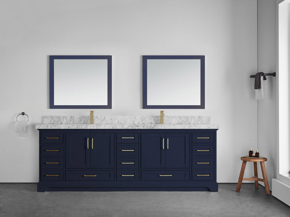 Fenway 84 Double Sink Bath Vanity in Navy Blue 2" Carrara Marble