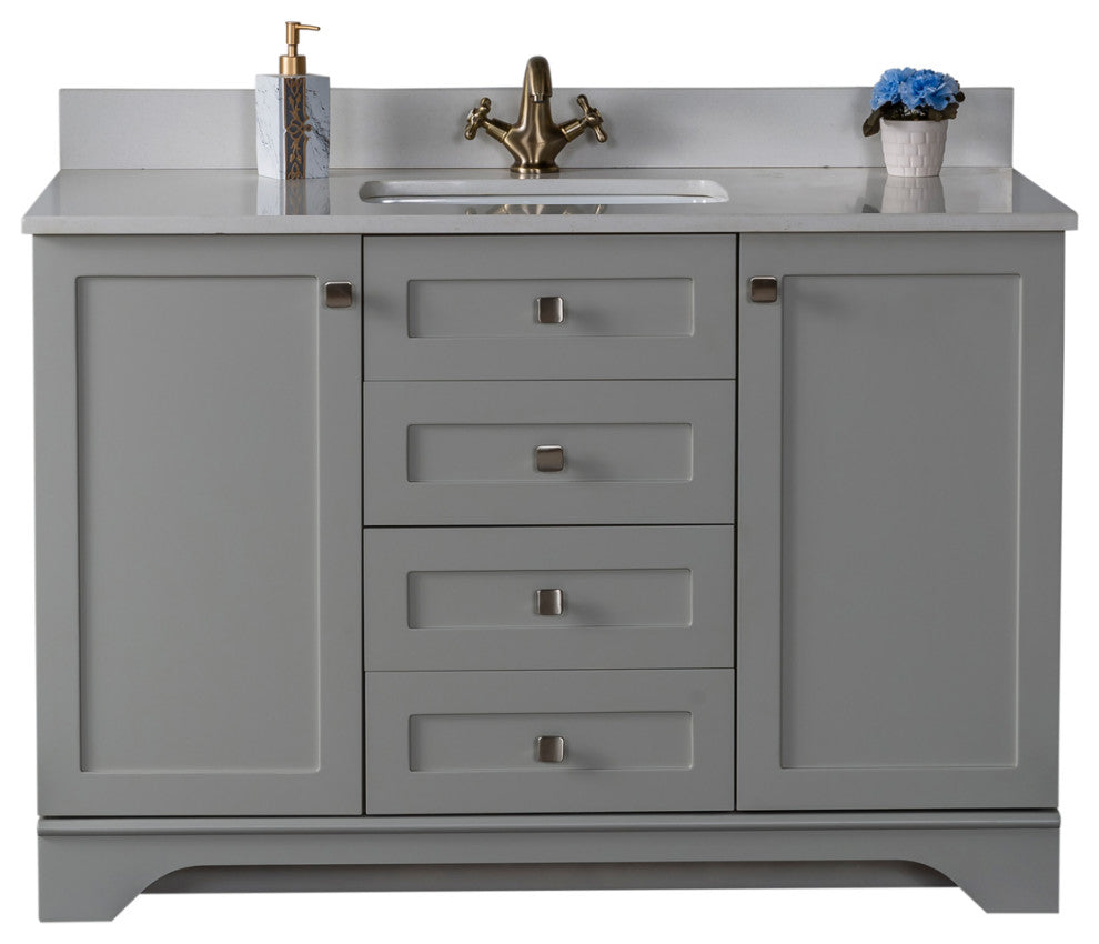 Livia Collection 48" Bath Vanity Quartz Top and Ceramic Sink, Grey, 48"