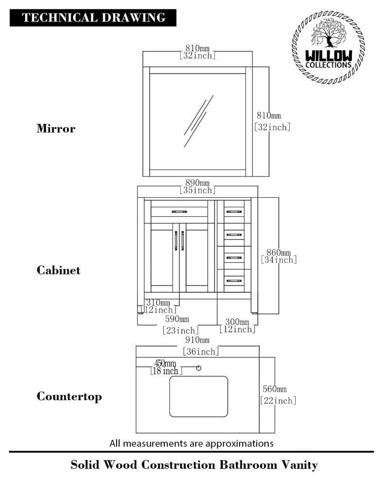 Cambridge 36 Center Sink Bath Vanity in Coventry Gray 2" Carrara Quartz