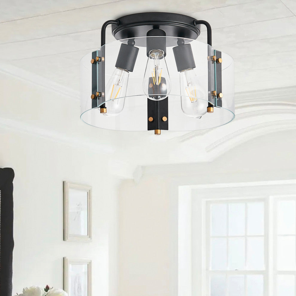 Modern 3-Light Black Semi Flush Mount Ceiling Light with Glass Shade