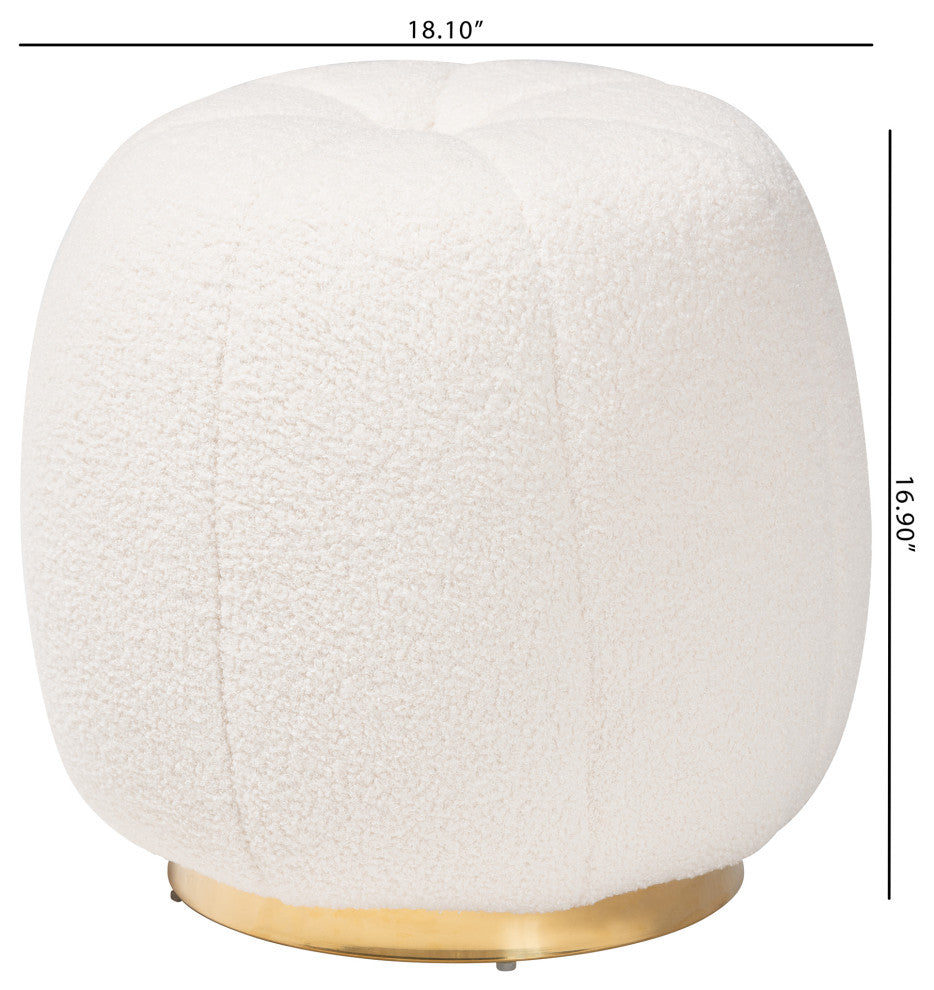 Raelynn Modern and Contemporary Ivory Boucle Upholstered and Gold Metal Ottoman