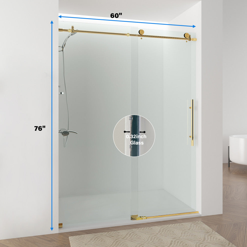 56"“60"Wx76" Frameless Sliding Shower Door With Clear Glass, Titanium Gold