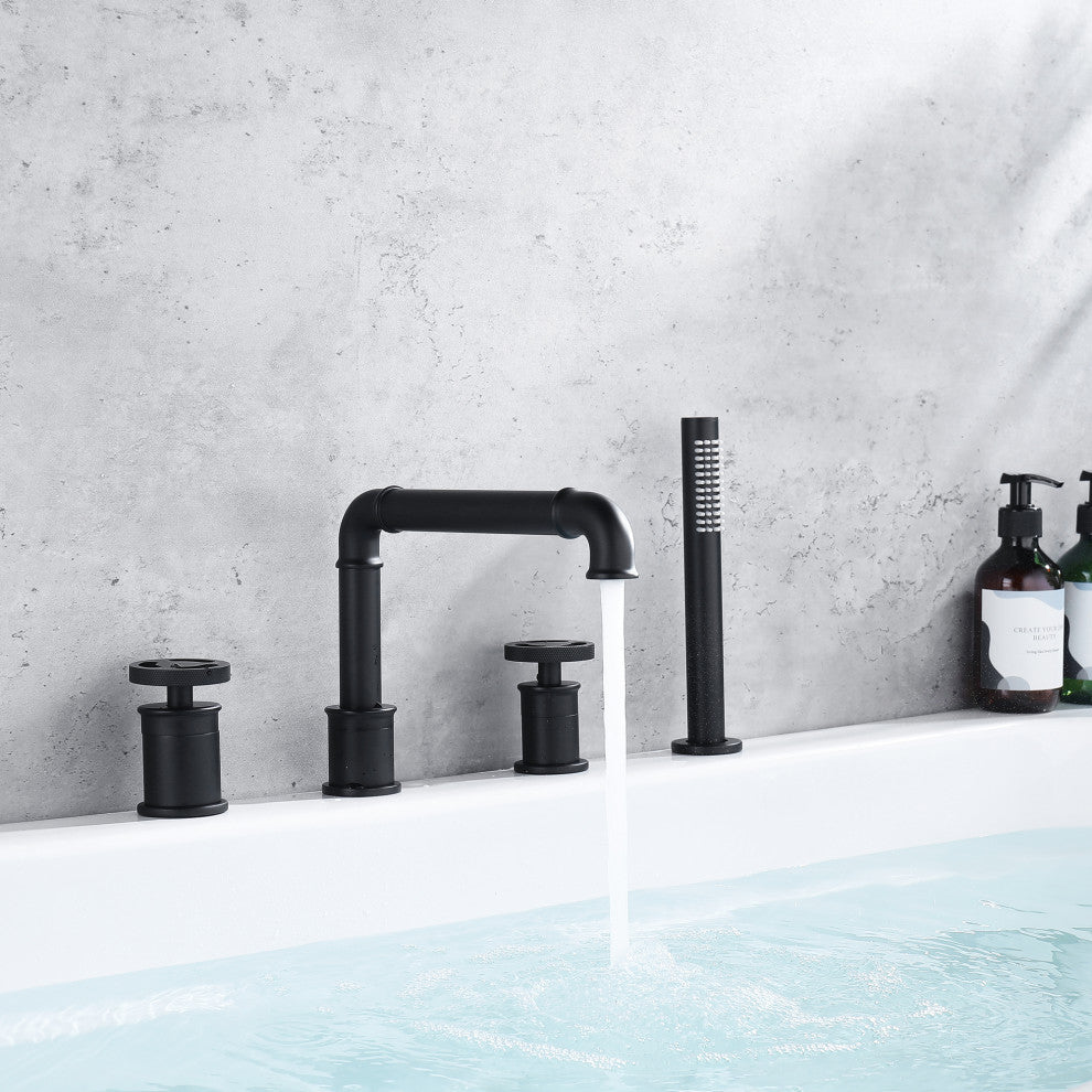 Deck Mounted Modern Tub Filler With Double Wheel Handles And Handshower, Matte B