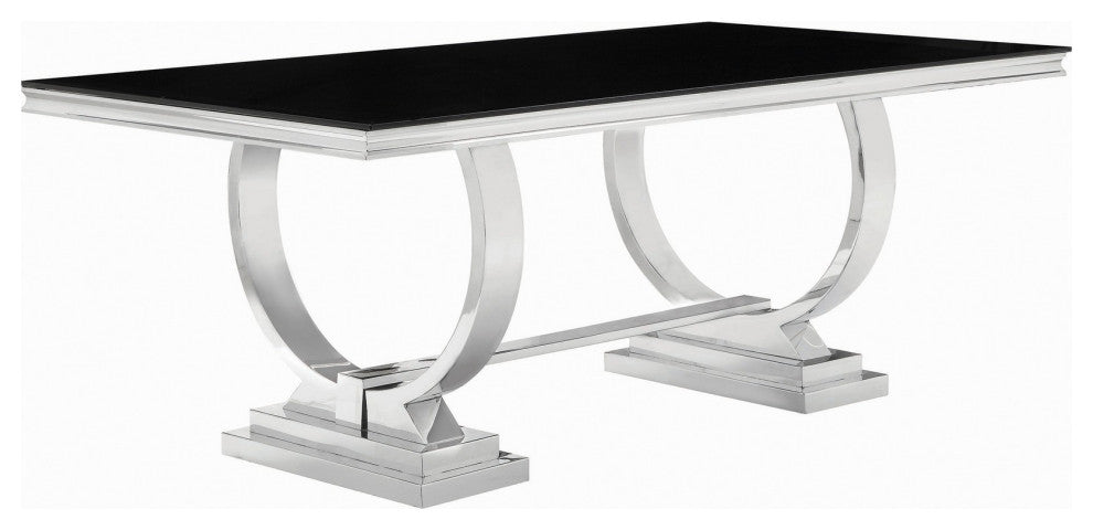 Benzara BM242094 Dining Table With Glass Top and Trestle Base, Black and Chrome