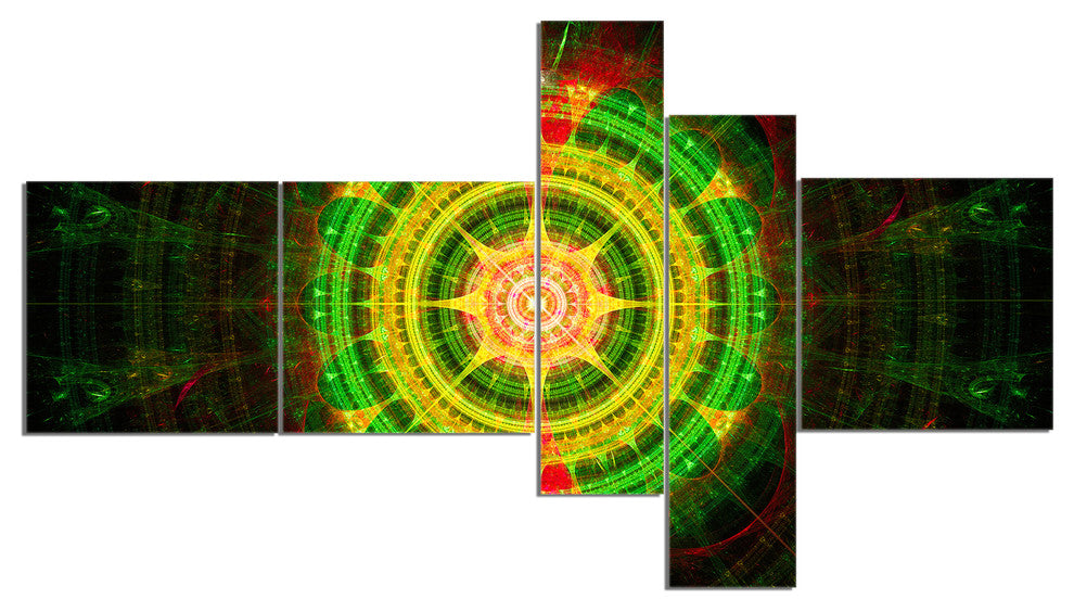 Bright Green Fractal Sphere, Abstract Wall Art Canvas, 60"x32", 5 panels