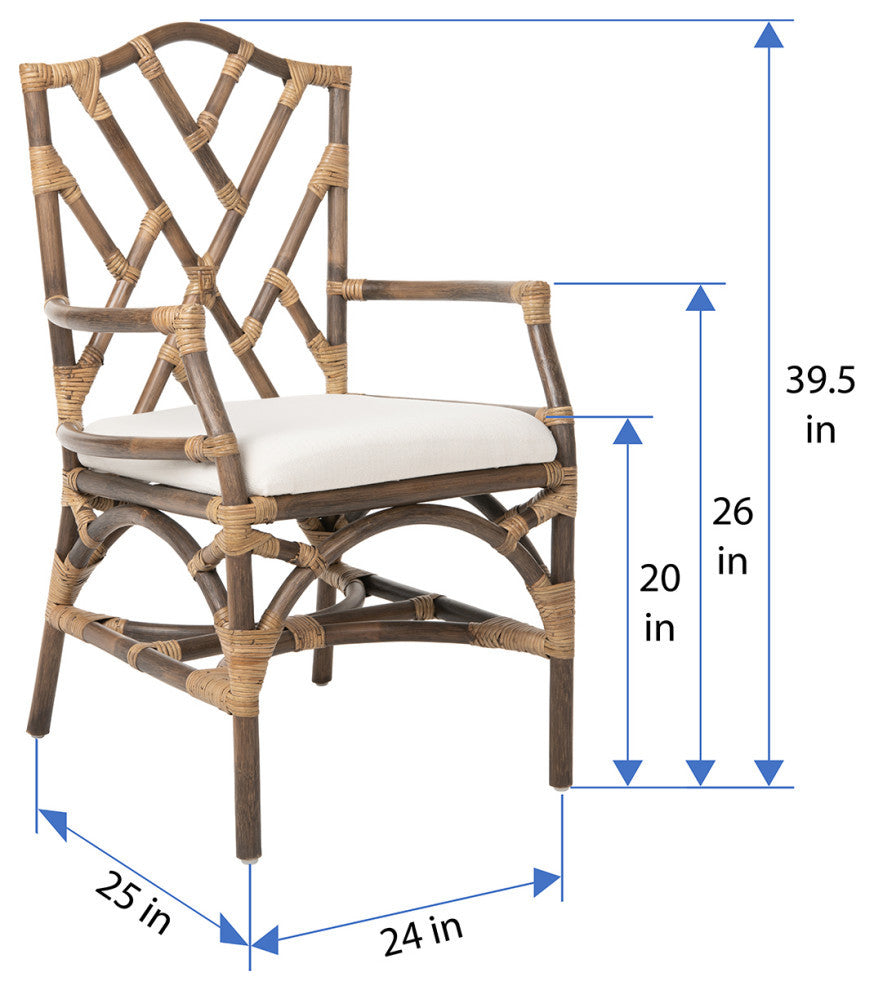 Rattan Chippendale Upholstered Dining Armchairs, Antique Brown, Set of 2