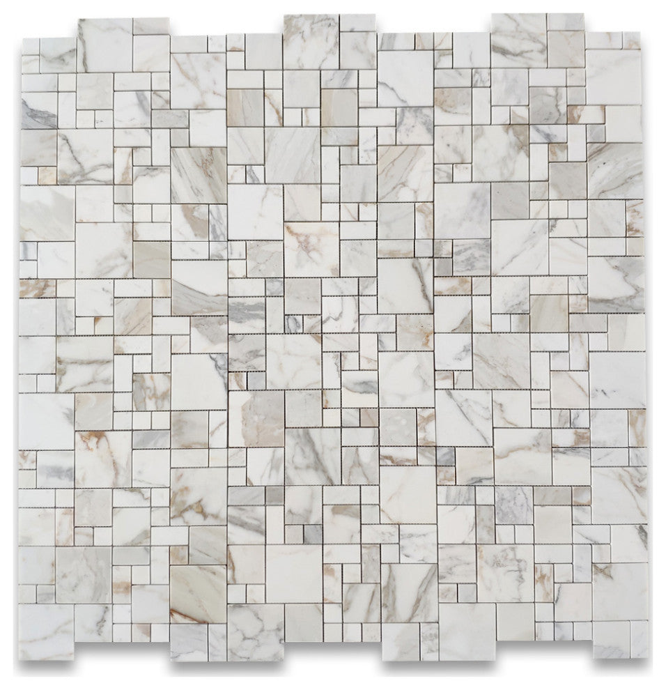 Calacatta Gold Marble Mini Versailles French Paragon Mosaic Tile Honed, 1 sheet