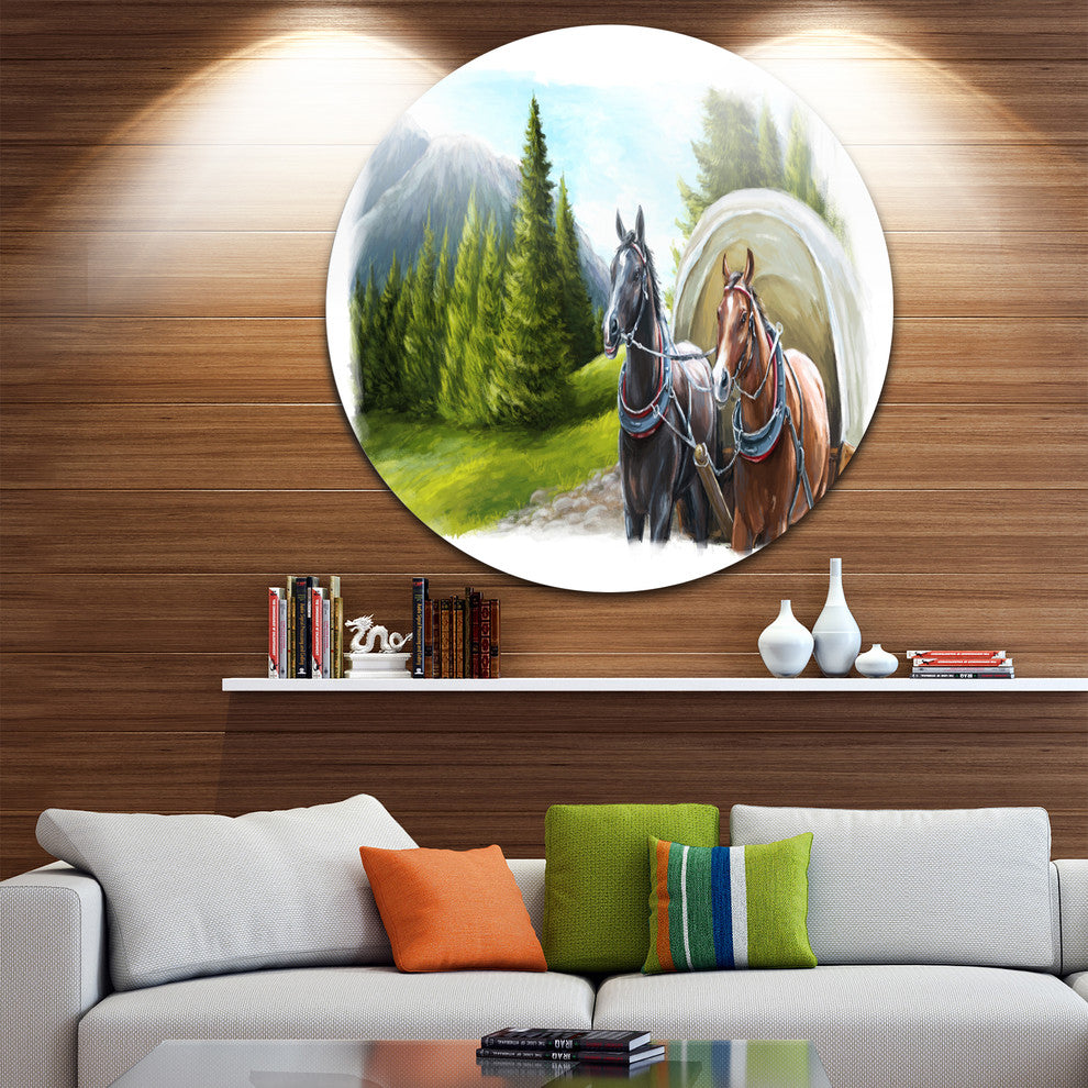 Road In Mountains With Horses, Landscape Round Wall Art, 36"
