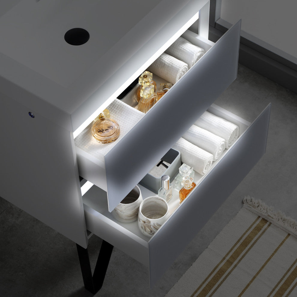 LED Lighted Bathroom Vanity With Ceramic Sink and Dimmed Light, Calacatta White, 30"