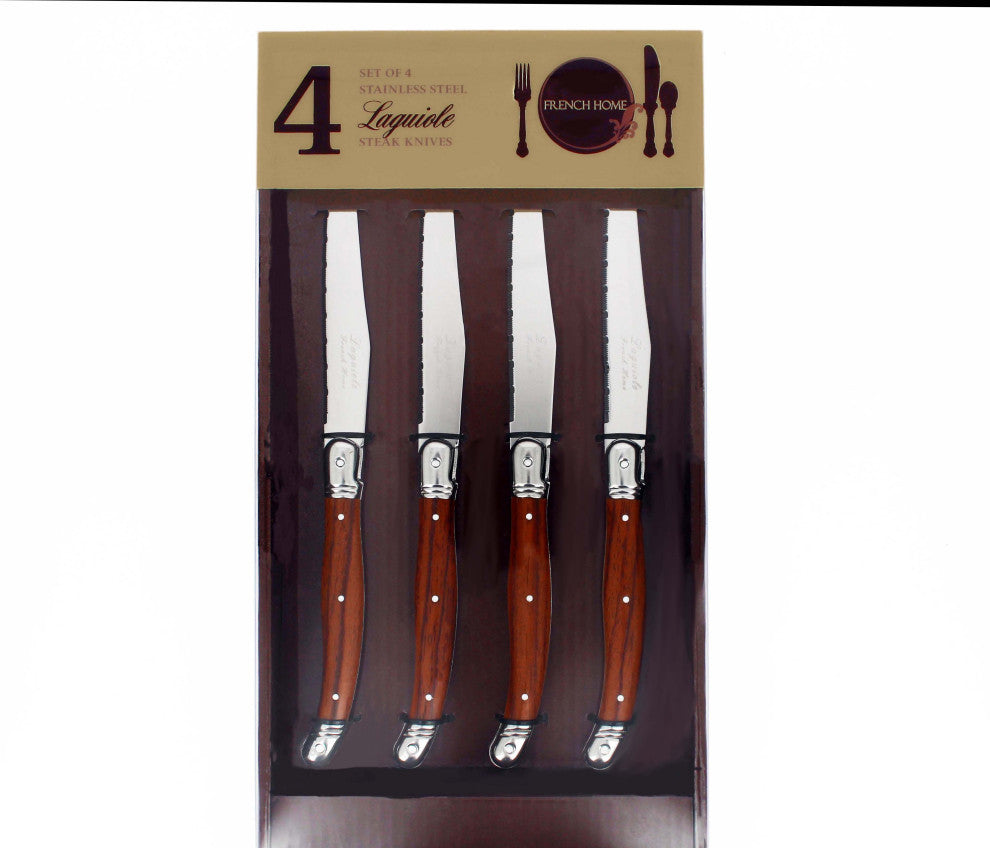French Home Set of 4 Laguiole Steak Knives, Wood Grain