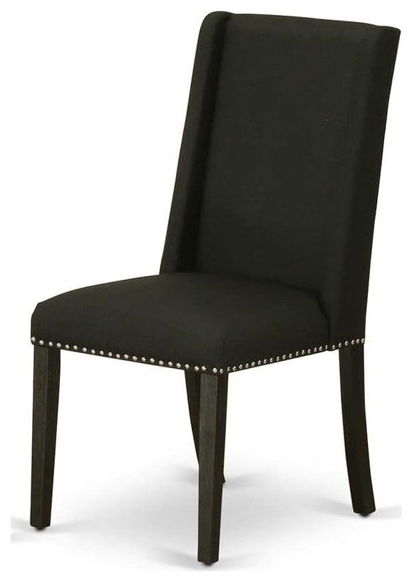 Set of 2 Parson Dining Chairs, Nailhead Trim, Linen Fabric Upholstered, Black