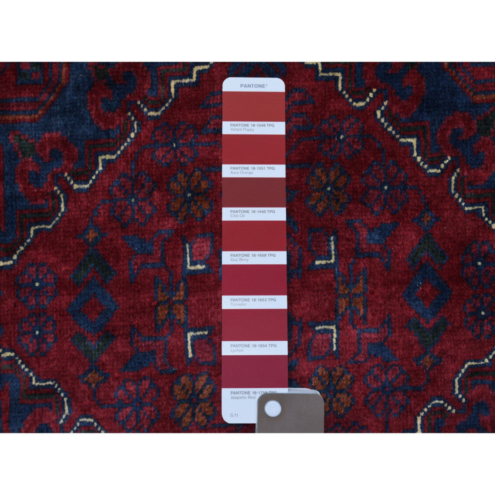 Deep and Saturated Red Hand Knotted Afghan Khamyab Velvety Wool Rug, 9'8"x13'1"