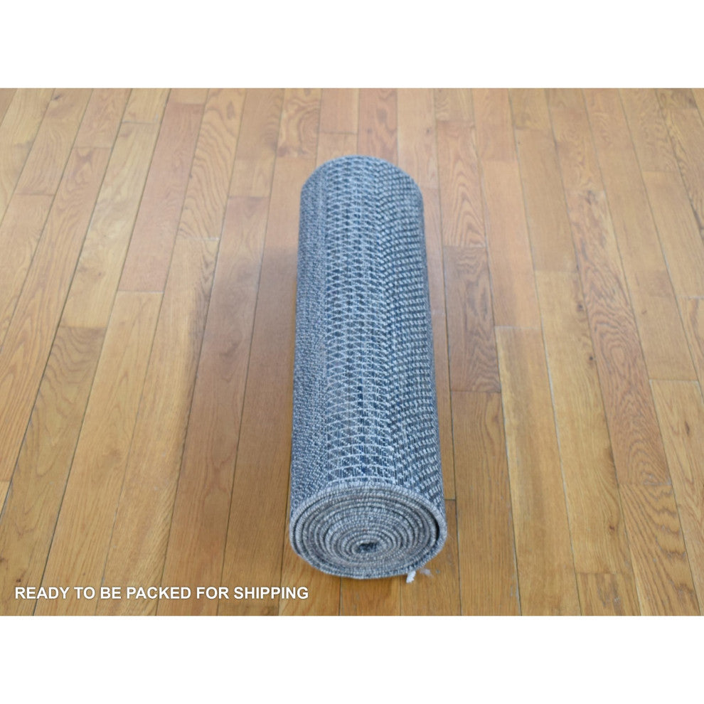 Black, Modern Grass Design, Hand Knotted Wool and Silk Runner Rug, 2'7"x14'1"