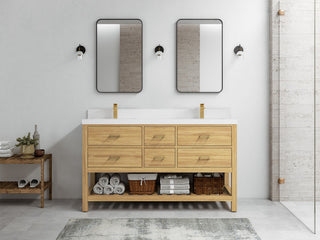 Parker Teak 60" Double Sink Vanity, Light Natural, 60" Double, 2" White Quartz