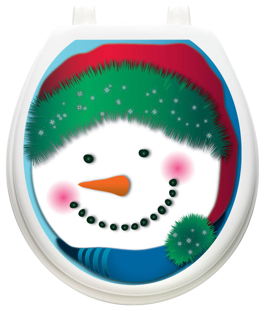 Snowman Stocking Cap Toilet Tattoos Seat Cover, Vinyl Lid Decal, Bathroom Decor, Round