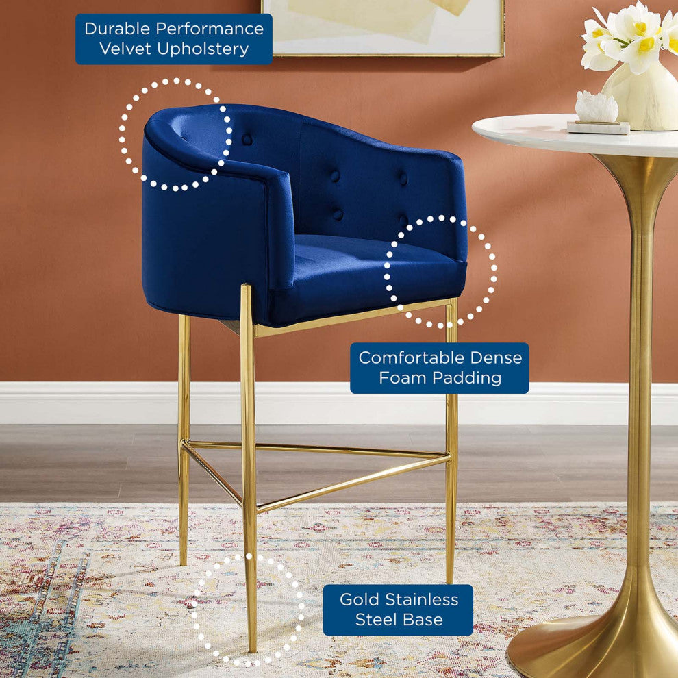 Tufted Bar Stool Chair Barstool, Velvet, Metal, Blue Navy, Modern, Bar Pub