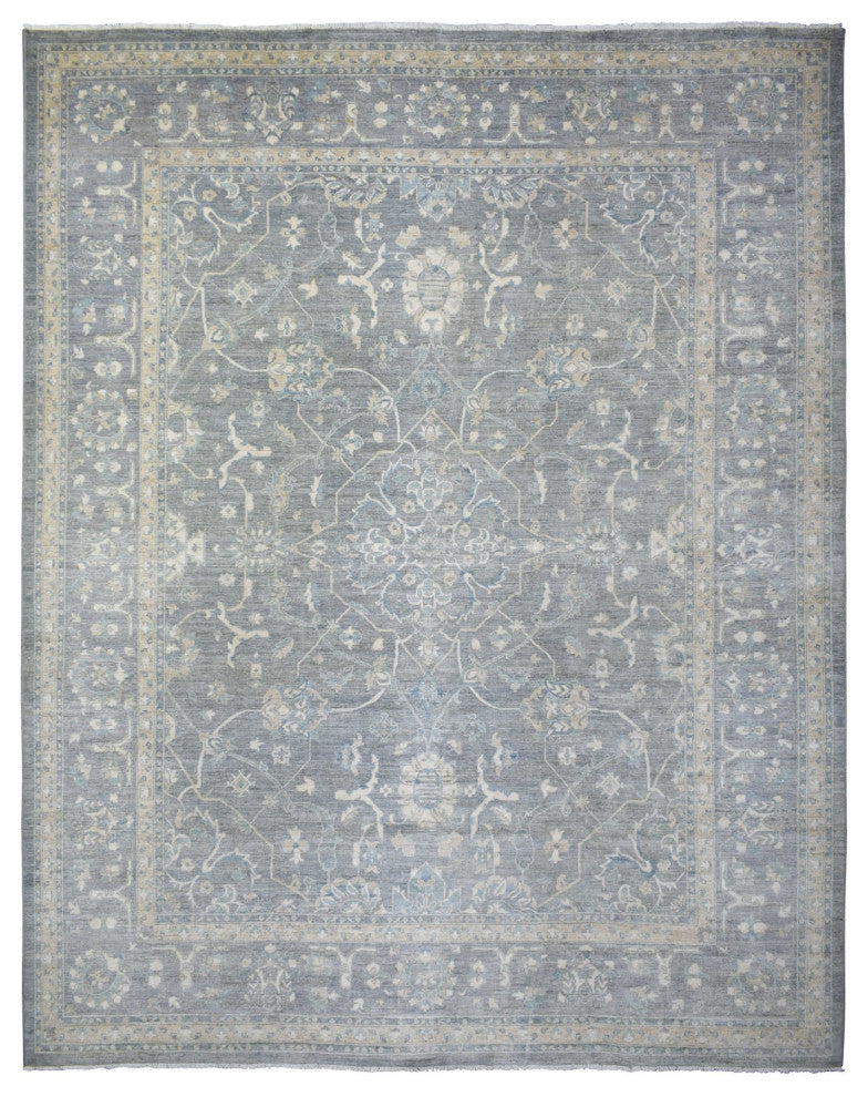 Light Gray, Fine Peshawar, Soft Wool Hand Knotted Oversized Rug, 12'0"x14'6"