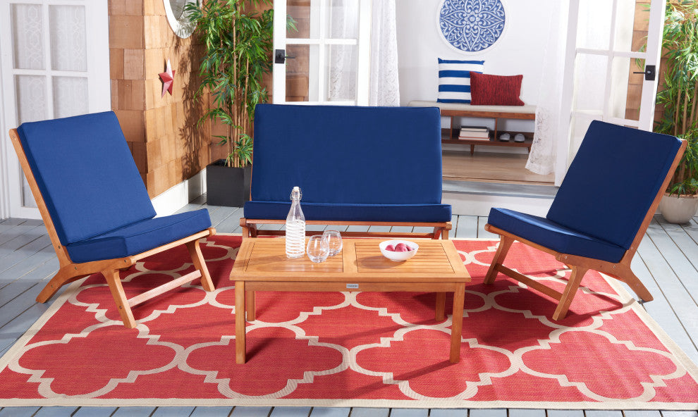 Safavieh Chaston Indoor-Outdoor 4-Piece Living Set, Natural Wood/Navy Cushion