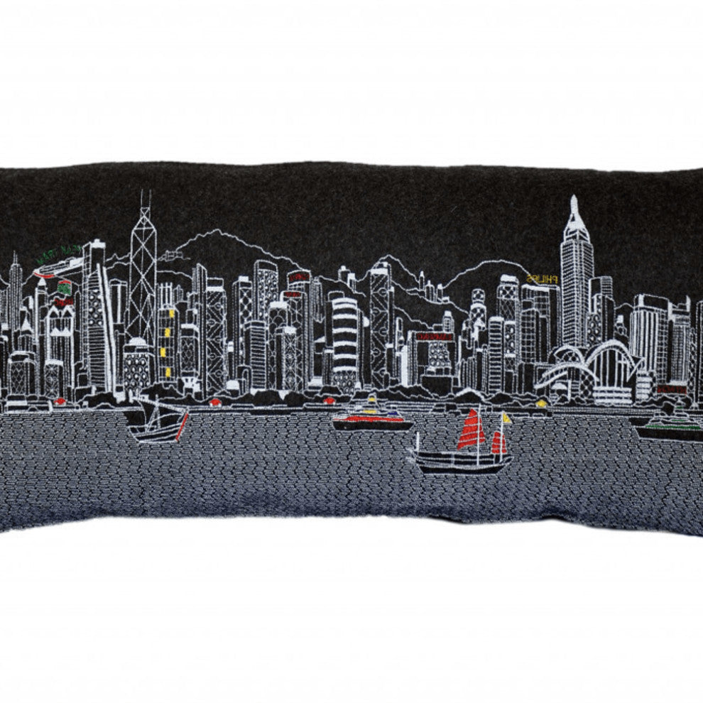 35" Black Hong Kong Nighttime Skyline Lumbar Decorative Pillow